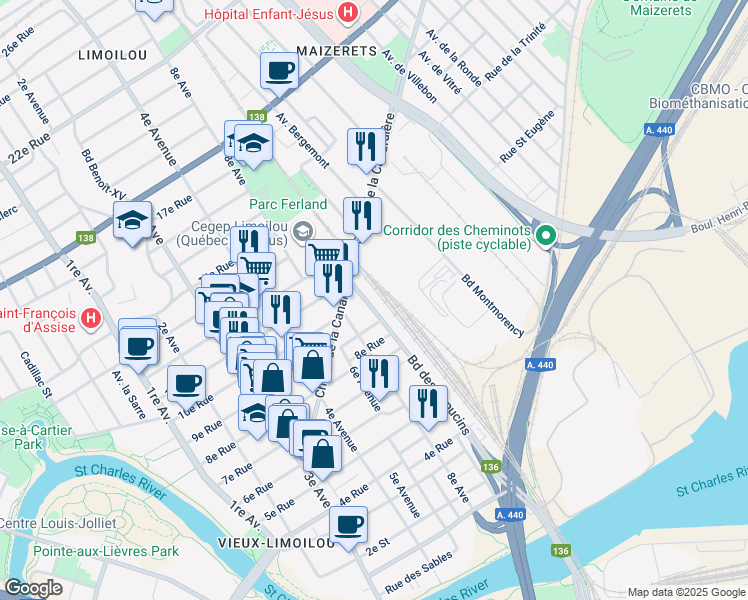 map of restaurants, bars, coffee shops, grocery stores, and more near 800 Boulevard des Capucins in Québec