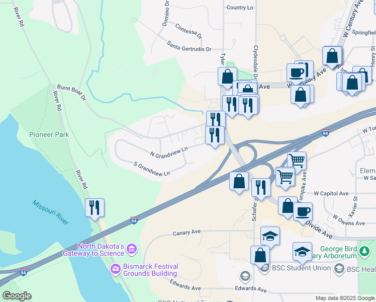 map of restaurants, bars, coffee shops, grocery stores, and more near 1733 North Grandview Lane in Bismarck