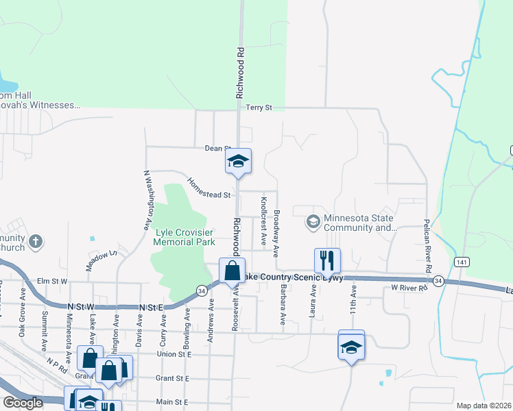 map of restaurants, bars, coffee shops, grocery stores, and more near 604 Northland Street in Detroit Lakes