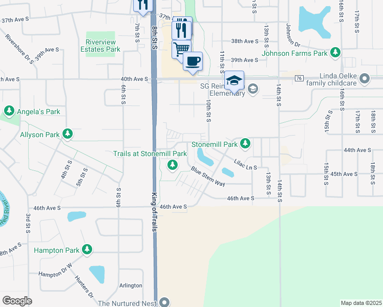 map of restaurants, bars, coffee shops, grocery stores, and more near 4402 Blue Stem Way in Moorhead