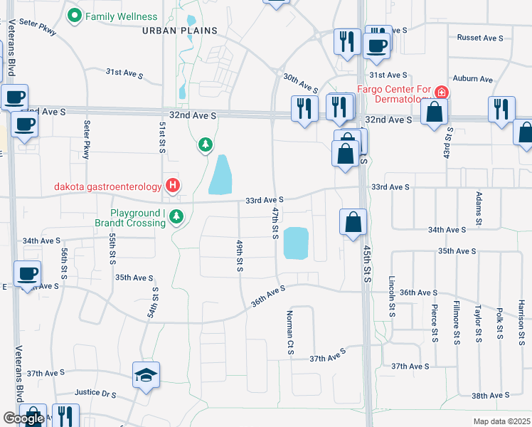 map of restaurants, bars, coffee shops, grocery stores, and more near 4822 34th Avenue South in Fargo