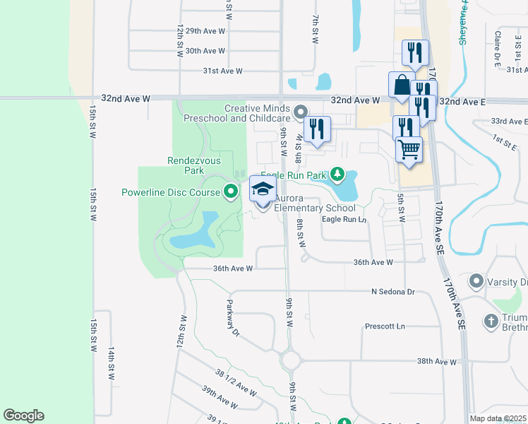 map of restaurants, bars, coffee shops, grocery stores, and more near 3420 9th St W in West Fargo
