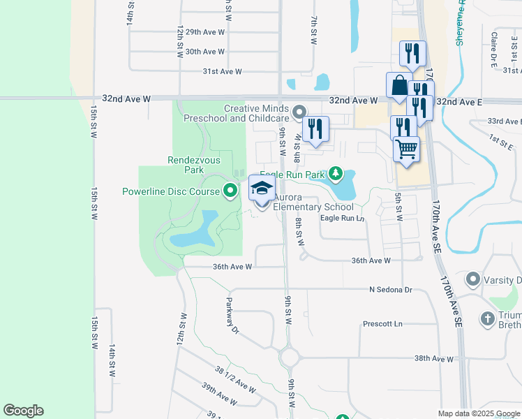 map of restaurants, bars, coffee shops, grocery stores, and more near 3420 9th Street West in West Fargo