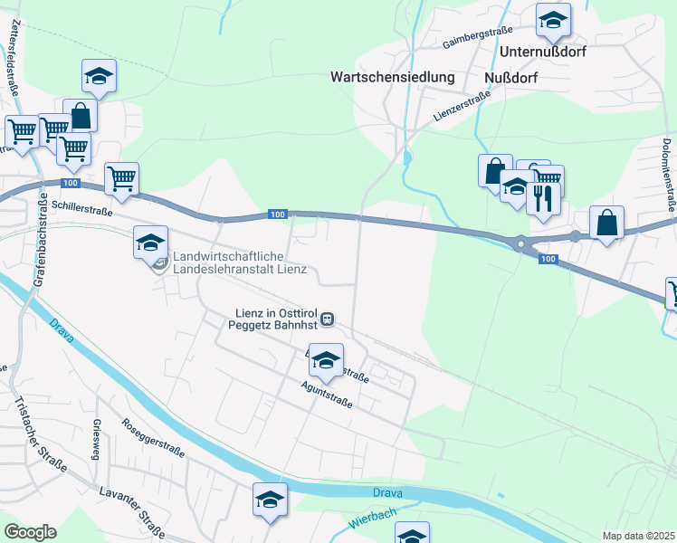 map of restaurants, bars, coffee shops, grocery stores, and more near 11 Julius-Durst-Straße in Lienz