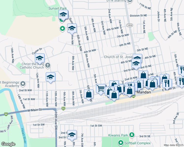 map of restaurants, bars, coffee shops, grocery stores, and more near 608 3rd Street Northwest in Mandan