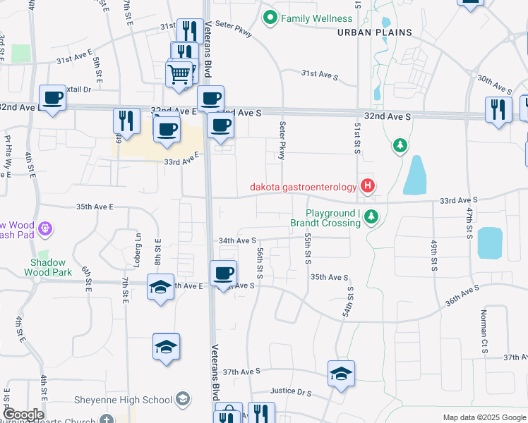 map of restaurants, bars, coffee shops, grocery stores, and more near 5506 33rd Avenue South in Fargo