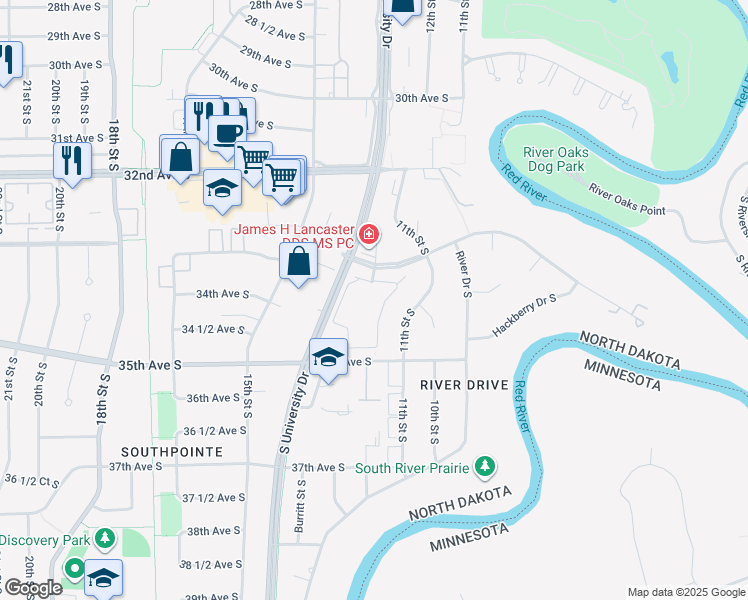 map of restaurants, bars, coffee shops, grocery stores, and more near 1200 Harwood Drive South in Fargo
