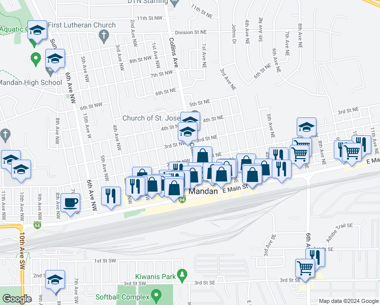 map of restaurants, bars, coffee shops, grocery stores, and more near 305 Collins Avenue in Mandan