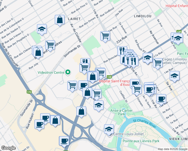 map of restaurants, bars, coffee shops, grocery stores, and more near 1940 Rue Jalobert in Québec