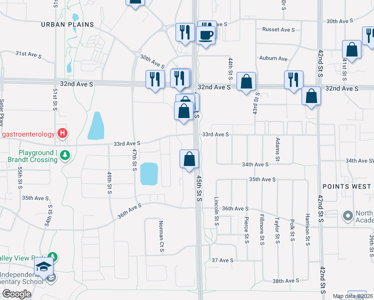 map of restaurants, bars, coffee shops, grocery stores, and more near 3401 45th Street South in Fargo