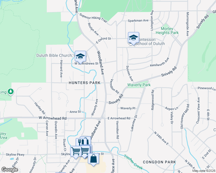 map of restaurants, bars, coffee shops, grocery stores, and more near 2030 Woodland Avenue in Duluth
