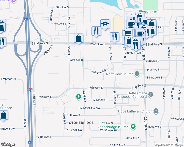 map of restaurants, bars, coffee shops, grocery stores, and more near 3115 Dakota Park Circle South in Fargo