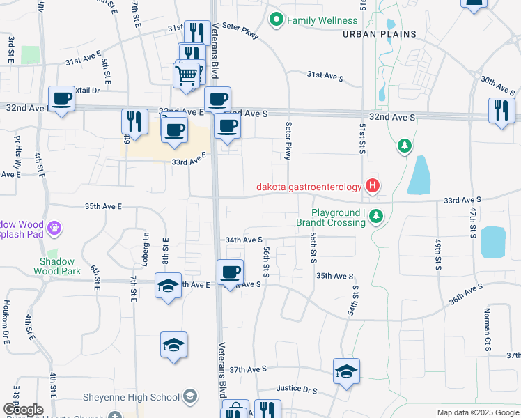 map of restaurants, bars, coffee shops, grocery stores, and more near 5601 34th Street South in Fargo