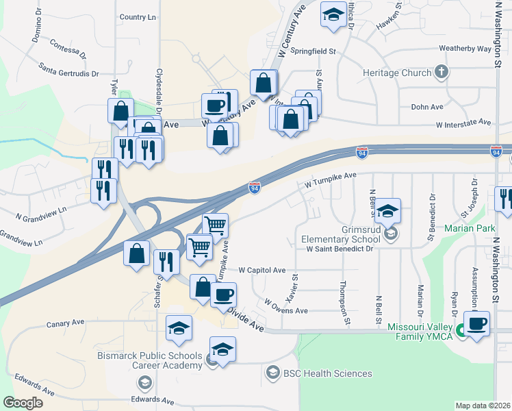 map of restaurants, bars, coffee shops, grocery stores, and more near 1045 West Turnpike Avenue in Bismarck