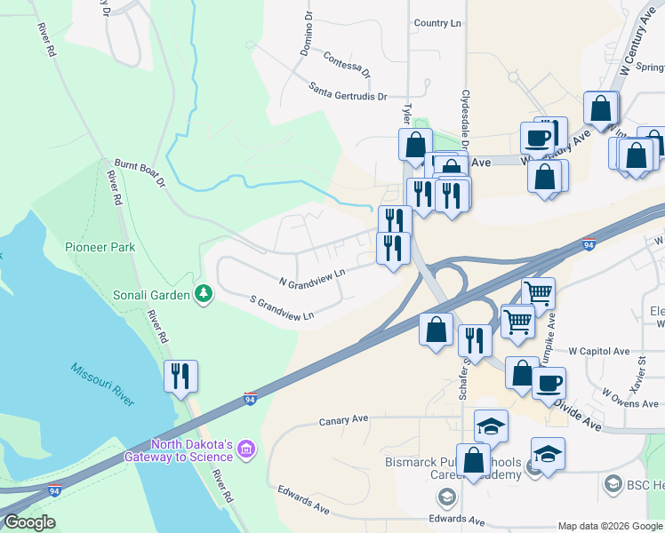 map of restaurants, bars, coffee shops, grocery stores, and more near 1733 North Grandview Lane in Bismarck