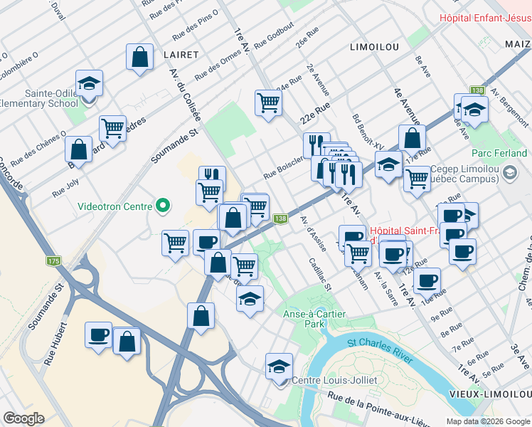 map of restaurants, bars, coffee shops, grocery stores, and more near 1895 Avenue Jeanne-Mance in Québec