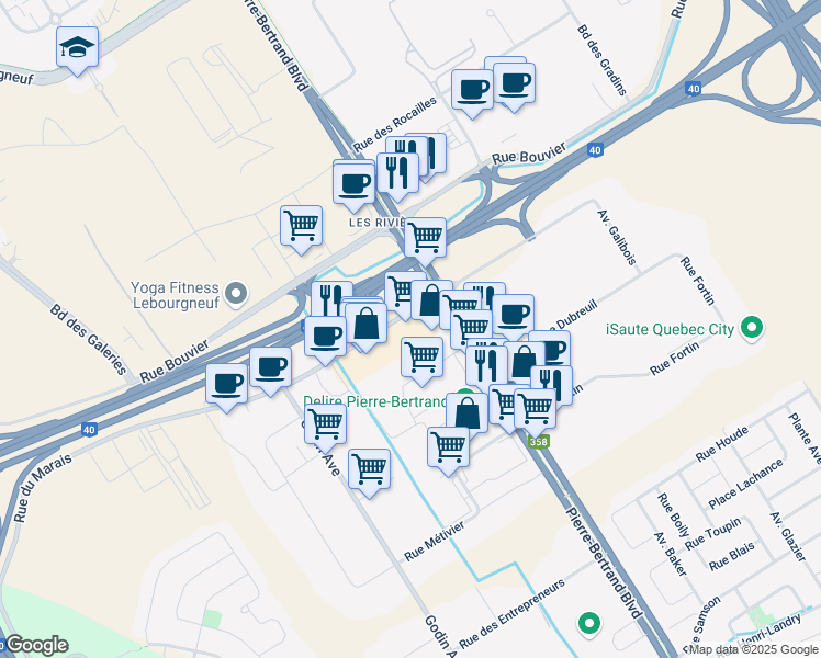 map of restaurants, bars, coffee shops, grocery stores, and more near 325 Rue du Marais in Québec