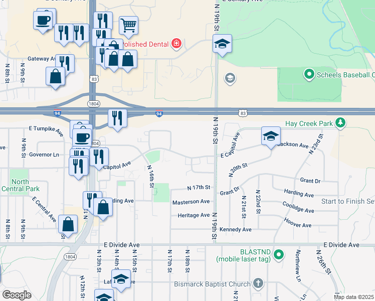 map of restaurants, bars, coffee shops, grocery stores, and more near 1709 East Capitol Avenue in Bismarck