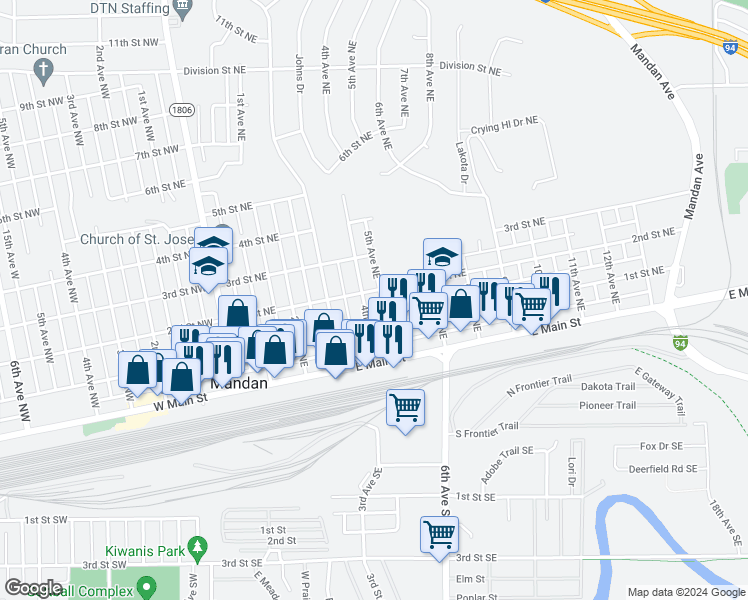 map of restaurants, bars, coffee shops, grocery stores, and more near 500 1st Street Northeast in Mandan