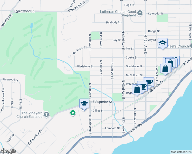 map of restaurants, bars, coffee shops, grocery stores, and more near 4015 Robinson Street in Duluth
