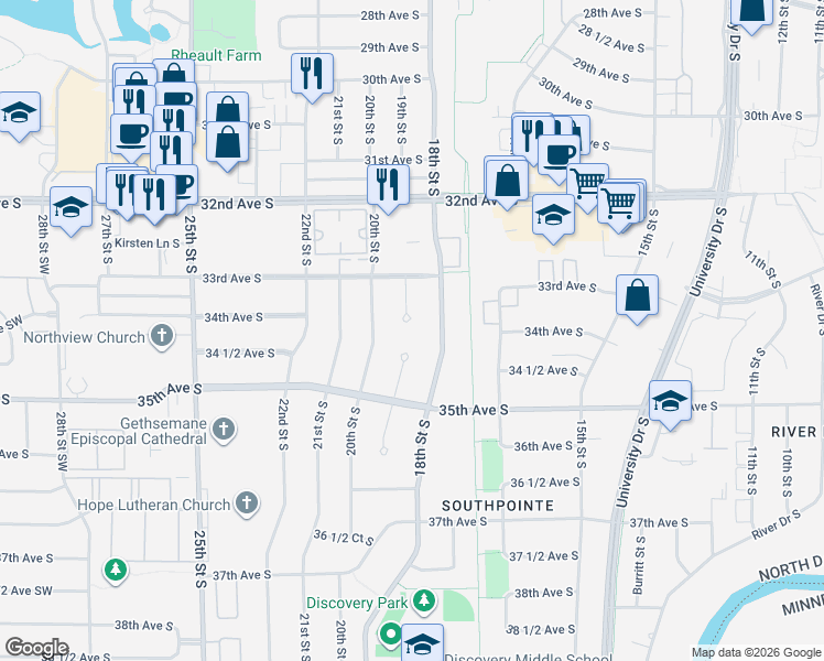 map of restaurants, bars, coffee shops, grocery stores, and more near 3401-3429 19th Street South in Fargo