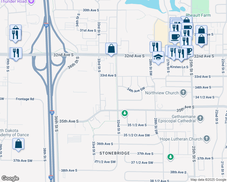 map of restaurants, bars, coffee shops, grocery stores, and more near 3401 32nd Street South in Fargo
