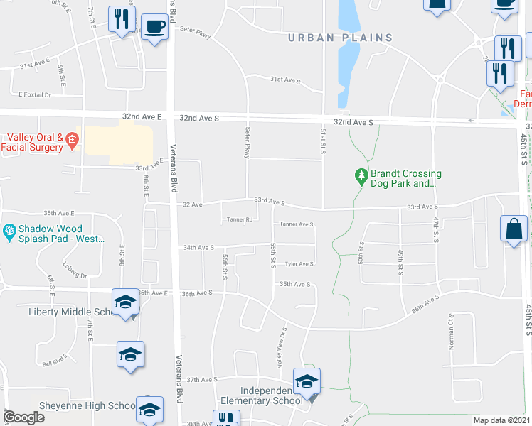 map of restaurants, bars, coffee shops, grocery stores, and more near 3359 55th Street South in Fargo