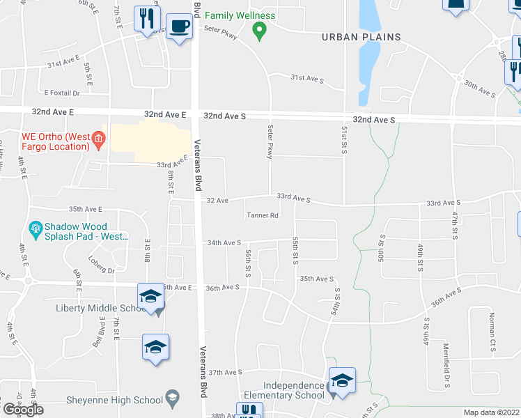map of restaurants, bars, coffee shops, grocery stores, and more near 5506 33rd Avenue South in Fargo