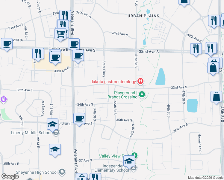 map of restaurants, bars, coffee shops, grocery stores, and more near 3359 55th Street South in Fargo