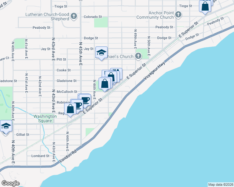 map of restaurants, bars, coffee shops, grocery stores, and more near 4721 Robinson Street in Duluth