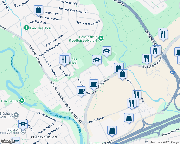 map of restaurants, bars, coffee shops, grocery stores, and more near 6400 Rue de l'Aster in Québec