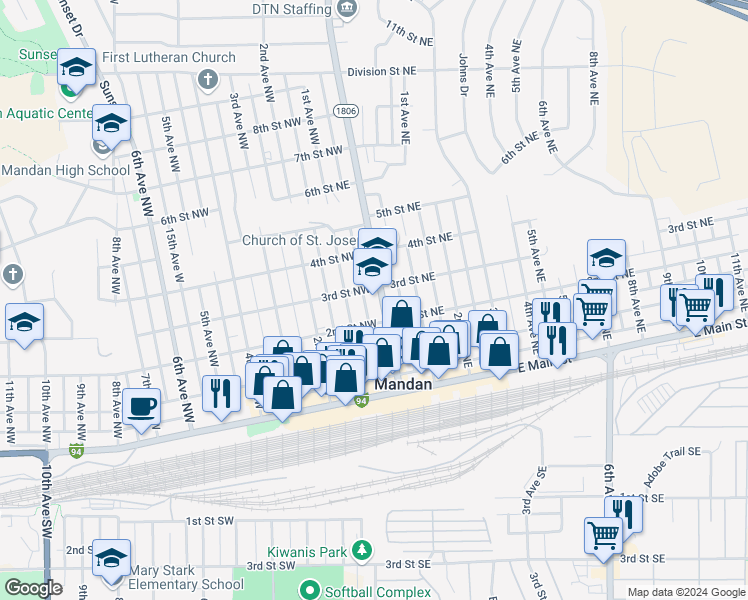 map of restaurants, bars, coffee shops, grocery stores, and more near 309 Collins Avenue in Mandan