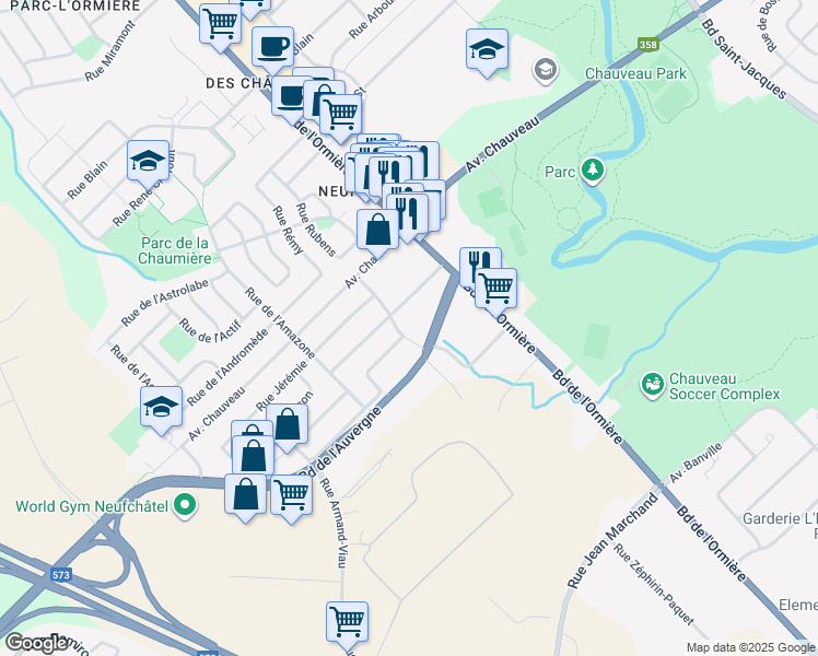 map of restaurants, bars, coffee shops, grocery stores, and more near 8580 Rue Sainte Barbe in Québec