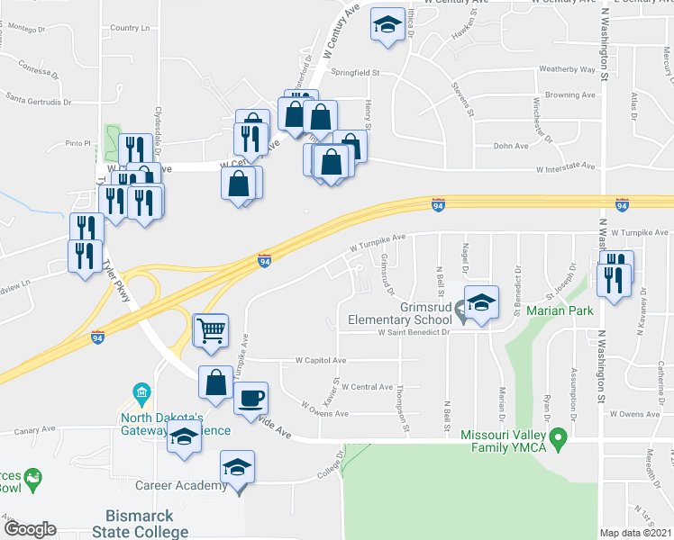 map of restaurants, bars, coffee shops, grocery stores, and more near 2120 Xavier Street in Bismarck