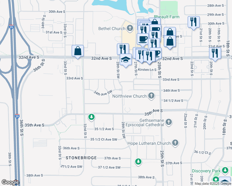 map of restaurants, bars, coffee shops, grocery stores, and more near 3401 28th Street Southwest in Fargo