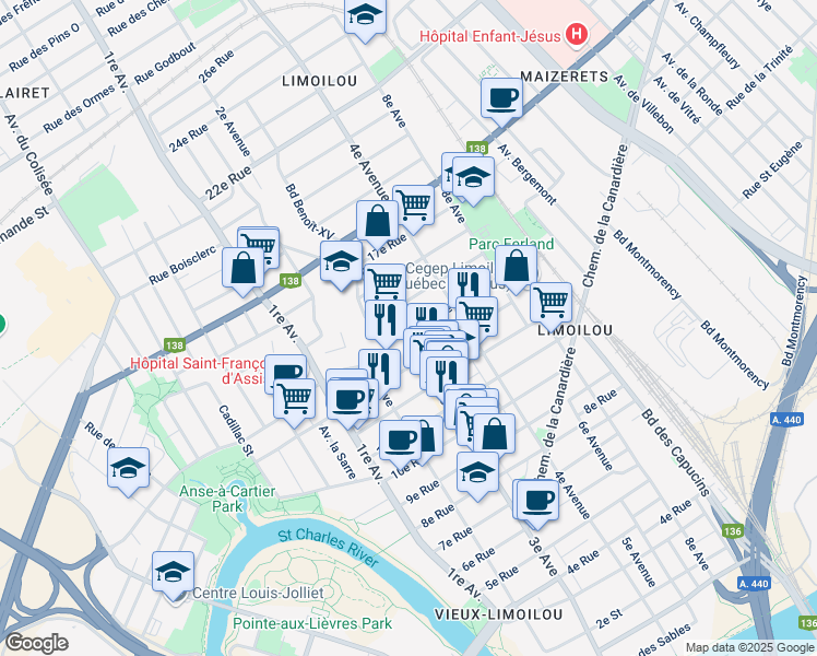 map of restaurants, bars, coffee shops, grocery stores, and more near in Québec City