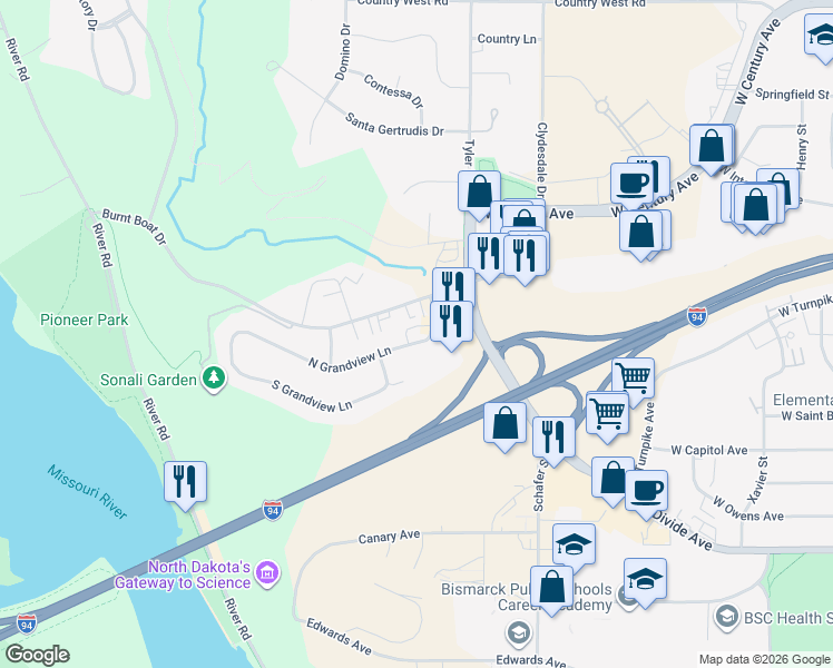 map of restaurants, bars, coffee shops, grocery stores, and more near 1615 North Grandview Lane in Bismarck