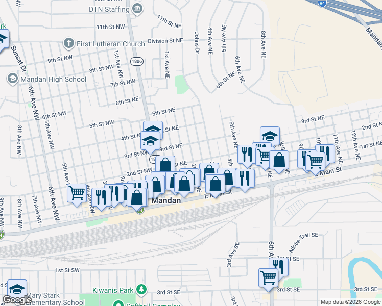 map of restaurants, bars, coffee shops, grocery stores, and more near 305 3rd Street Northeast in Mandan