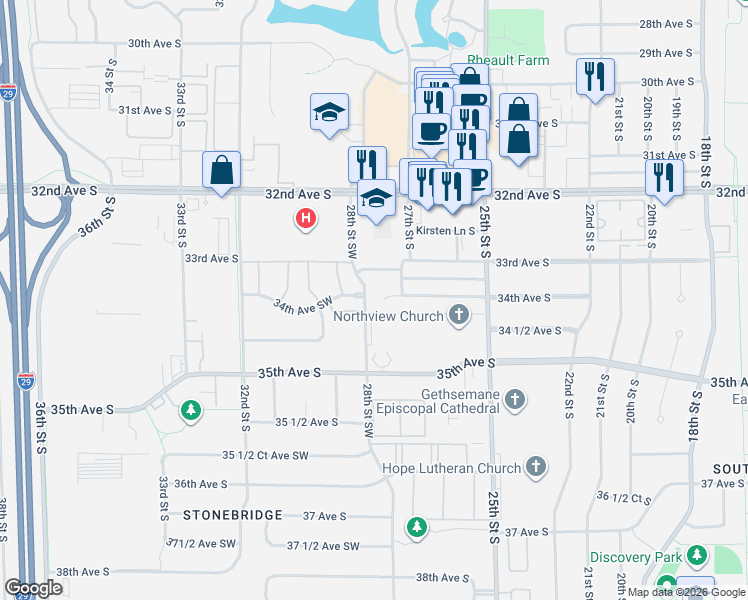 map of restaurants, bars, coffee shops, grocery stores, and more near 2738 33 1/2 Avenue South in Fargo