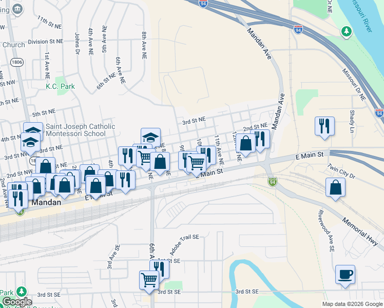 map of restaurants, bars, coffee shops, grocery stores, and more near 1001 2nd Street Northeast in Mandan