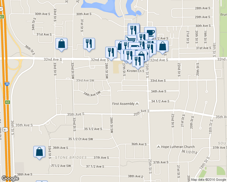 map of restaurants, bars, coffee shops, grocery stores, and more near 2738 33 1/2 Avenue South in Fargo