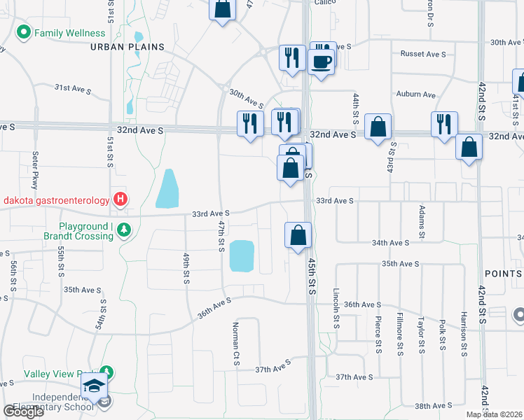 map of restaurants, bars, coffee shops, grocery stores, and more near 4610 33rd Avenue South in Fargo