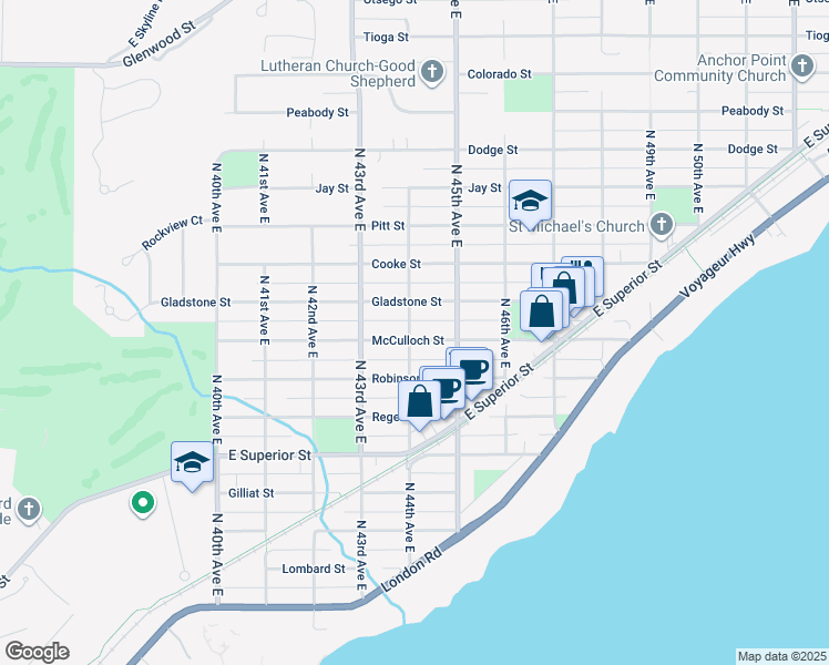 map of restaurants, bars, coffee shops, grocery stores, and more near 4401 McCulloch Street in Duluth