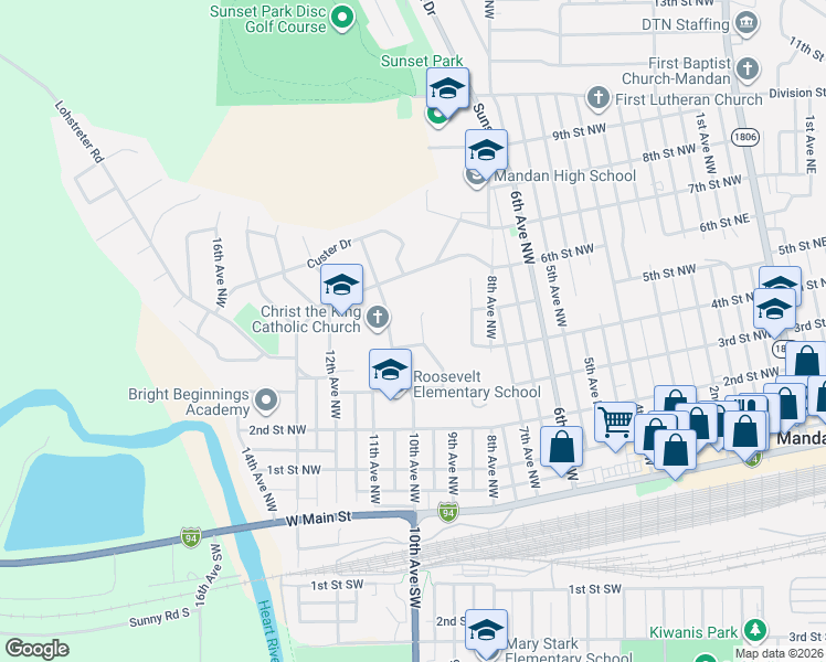 map of restaurants, bars, coffee shops, grocery stores, and more near 507 9th Avenue Northwest in Mandan