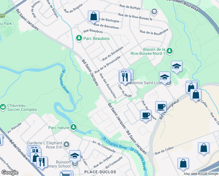 map of restaurants, bars, coffee shops, grocery stores, and more near Rue des Bourraches in Quebec City