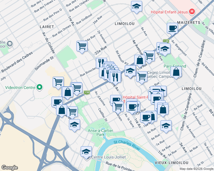 map of restaurants, bars, coffee shops, grocery stores, and more near 1750 Rue Roberval in Québec