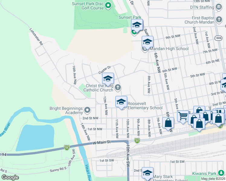 map of restaurants, bars, coffee shops, grocery stores, and more near 519-639 10th Ave NW in Mandan