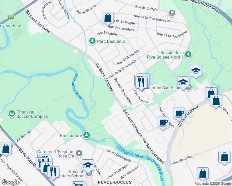 map of restaurants, bars, coffee shops, grocery stores, and more near 6914 Boulevard Saint-Jacques in Québec