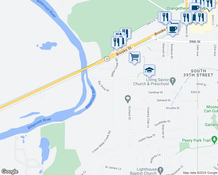 map of restaurants, bars, coffee shops, grocery stores, and more near 4515 Miller Creek Road in Missoula