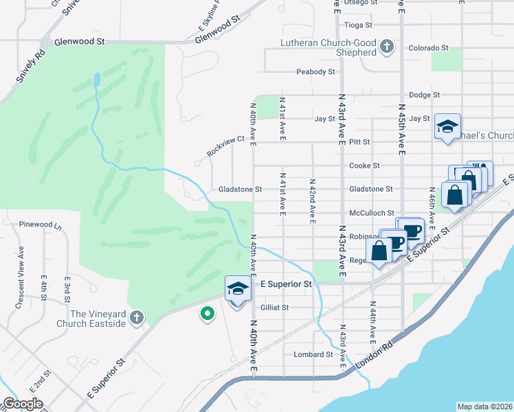map of restaurants, bars, coffee shops, grocery stores, and more near 4010 Gladstone Street in Duluth